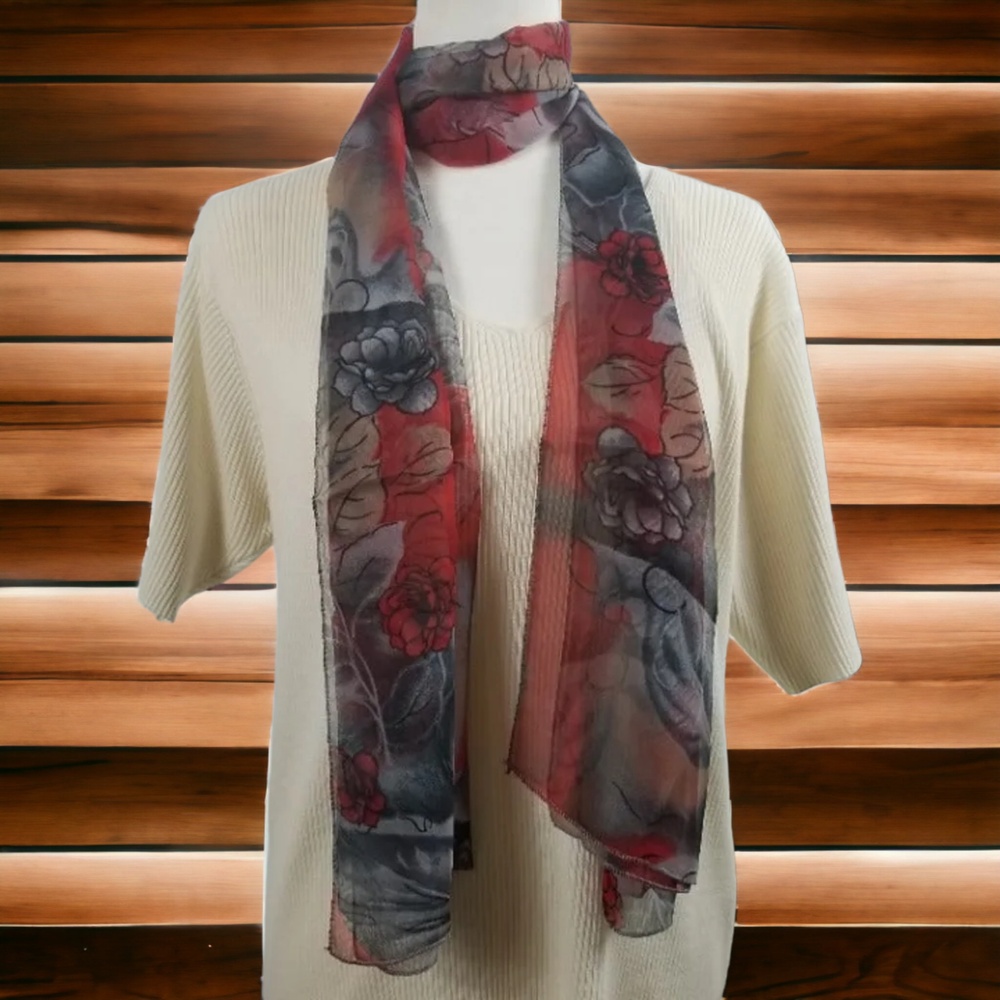 Red Gray Black Rose Designed Oblong Scarf Shawl Wrap Korea